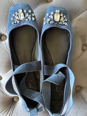 Jessica Simpson Embellished Blue Ballet Flats with Ribbon Tie